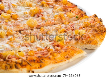 Tasty pizza with pineapple and corn, isolated