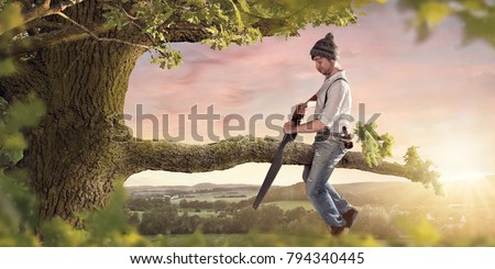 Cutting the branch your sitting on Royalty-Free Stock Photo #794340445