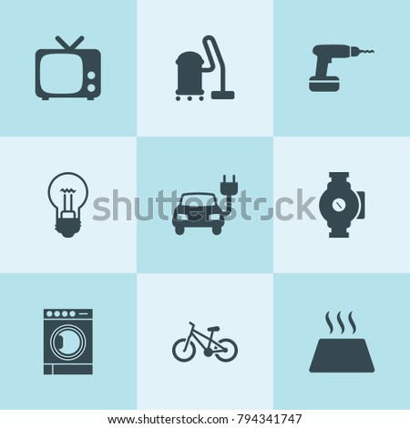 Set of 9 electric filled icons such as electric car, vacuum cleaner, bulb, pump, warm floor, drill, tv, washing machine