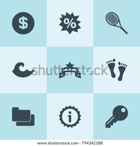 Set of 9 template filled icons such as banner, folder, money, sale, information, tennis, wave, footprint