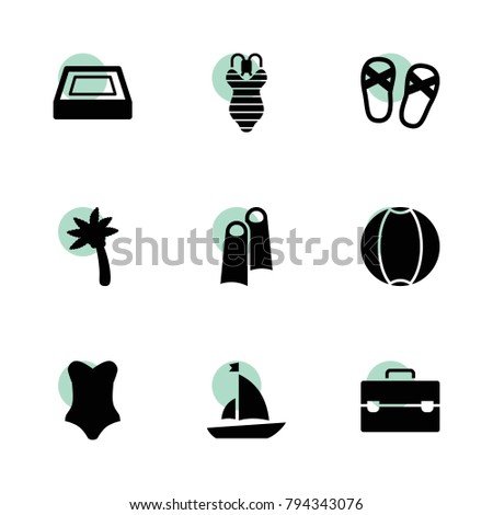 Vacation icons. vector collection filled vacation icons set.. includes symbols such as swimming pool, ball, case, swimwear, swimsuit. use for web, mobile and ui design.