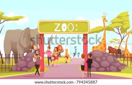 Zoo entrance gates cartoon poster with elephant giraffe lion safari animals and visitors on territory vector illustration  Royalty-Free Stock Photo #794345887
