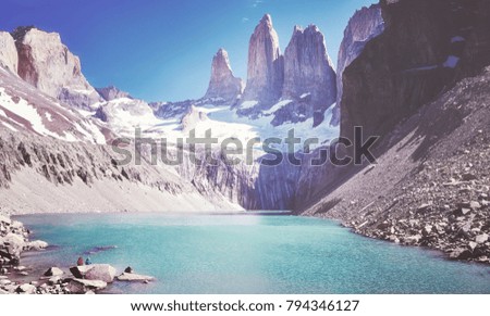 Vintage toned picture of the Torres del Paine mountain range, Patagonia, Chile.