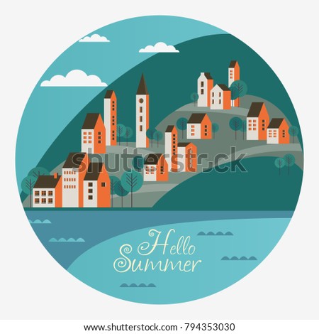 Summer landscape with town and hills. Travel, vacation, holidays and adventure vector concept illustration. Poster design style