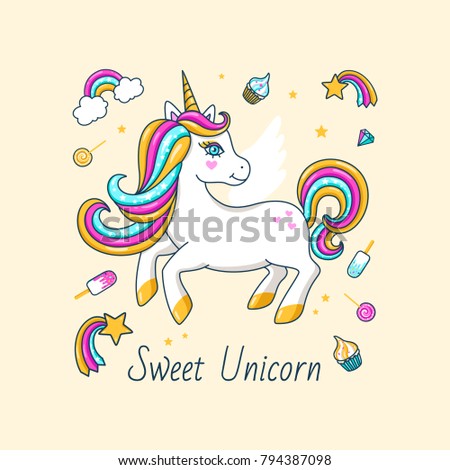 White cute unicorn with inscription - Sweet unicorn. For print design. Vector  Illustration