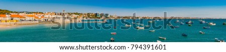 Portugal, Cascais near Lisbon, seaside town with beach and port panorama view Royalty-Free Stock Photo #794391601