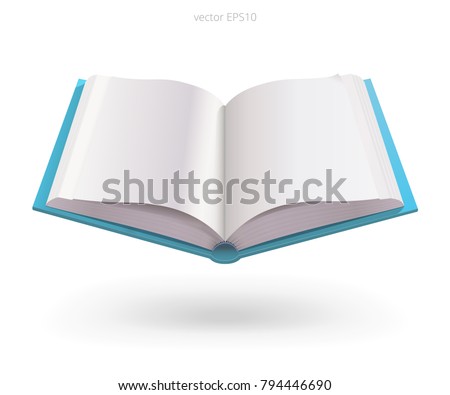 Open blue book without text. Empty business diary. Office journal with a blank pages. Vector 3d realistic icon floating over white background. Mock up for educational book and literature publishers.