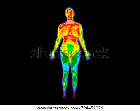 Photo of thermographic image of front of whole body of a woman showing different temperatures in a range of colors from blue showing cold to red showing hot which can indicate joint inflammation.  Royalty-Free Stock Photo #794451076