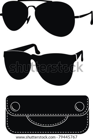 Vector illustration - fashionable classical ("police", "pilot") and sport sunglasses, Black natural leather case. Isolated, white background