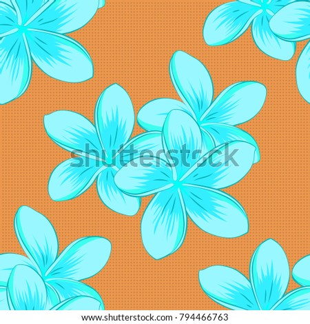 Seamless pattern of abstrat plumeria flowers in green, blue and orange colors. Vintage style. Stock illustration.