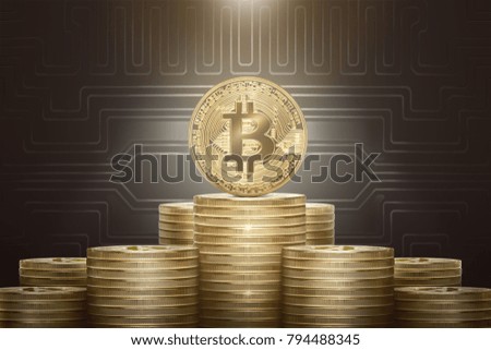 Stack of golden bitcoins with one coin standing on the top against circuit background