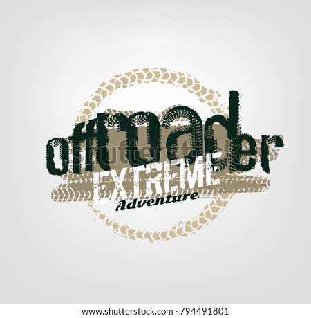 Off-road logo. Extreme competition emblem. Off-roading suv adventure and car club elements. Beautiful vector illustration with unique textured lettering isolated on a light background. 