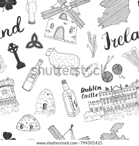 Ireland Sketch Doodles Seamless Pattern. Irish Elements with flag and map of Ireland, Celtic Cross, Castle, Shamrock, Celtic Harp, Mill and Sheep, Whiskey Bottles and Irish Beer, Vector Illustration.