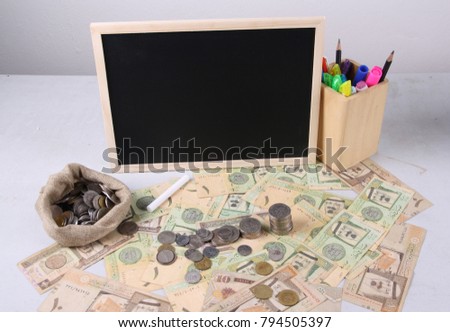 Conceptual photo for Islamic finance with blackboard on the table. 