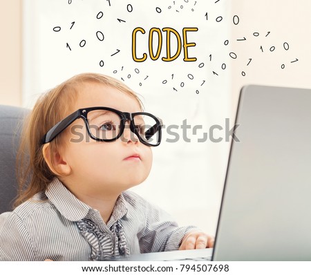 Code text with toddler girl using her laptop