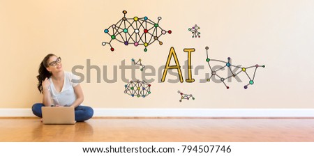 AI text with young woman using a laptop computer on floor