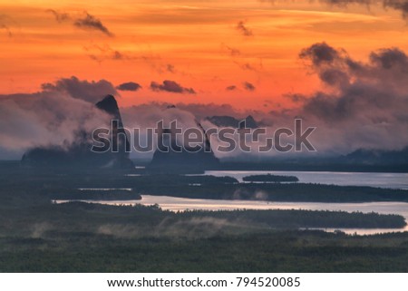 Phang Nga bay from Samet Nangshe viewpoint at sunrise, Thailand