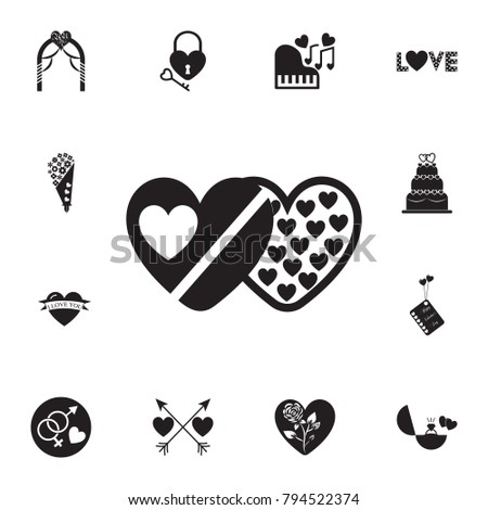 box of chocolates in the shape of heart icon. Set of Valentine's Day elements icon. Photo camera quality graphic design collection icons for websites, web design, mobile app on white background