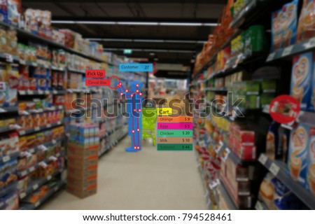 iot smart retail use computer vision, sensor fusion and deep learning concept, automatically detects when products are taken from or returned to the shelves and keeps track of them in a virtual cart. Royalty-Free Stock Photo #794528461