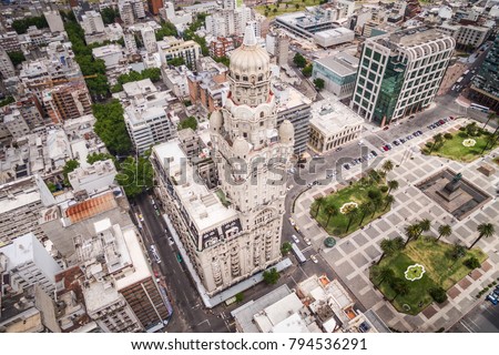 Montevideo, Uruguay, aerial view of Downtown buildings and Plaza Independencia.  Royalty-Free Stock Photo #794536291