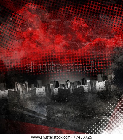 A dark red and black grunge city with aged texture. Add your text in the copyspace.