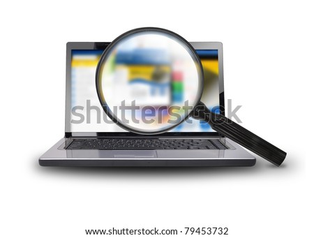 A computer laptop is isolated on a  white background with a magnifying glass searching the internet. Royalty-Free Stock Photo #79453732