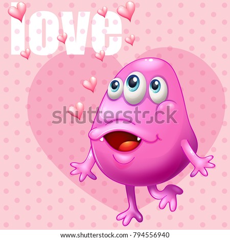 Romantic background with pink monster and word love illustration