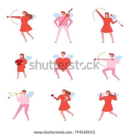 Various cupid characters shooting arrows of love. vector illustration flat design