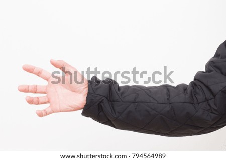 Man hand with black jacket on white background