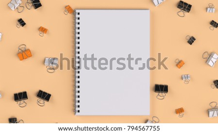 Blank spiral notebook with black, white and orange binder clips on orange table. Business, education or office mockup. 3D rendering illustration.