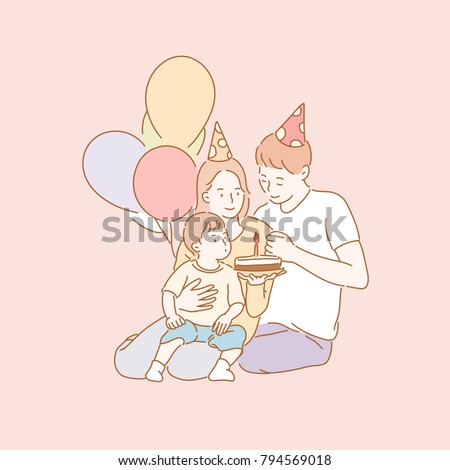 Mom and Dad celebrating their baby's first birthday. Happy Family Character hand drawn style vector doodle design illustrations.