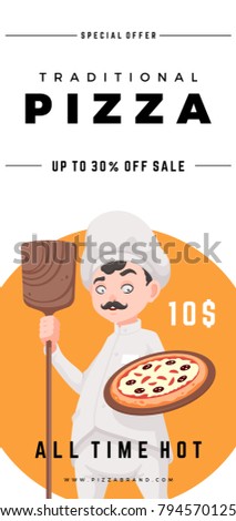 Cook pizza. Smiling Italian chef with a pizza in hand. Vector template with cartoon character.