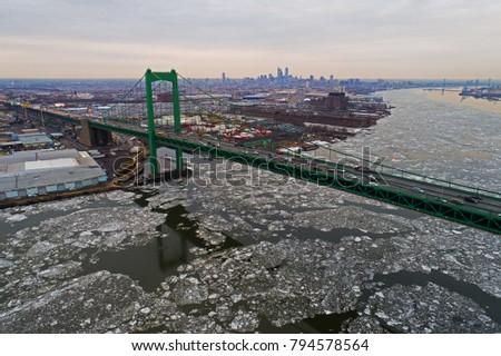 Aerial View Frozen Delaware River Philadelphia