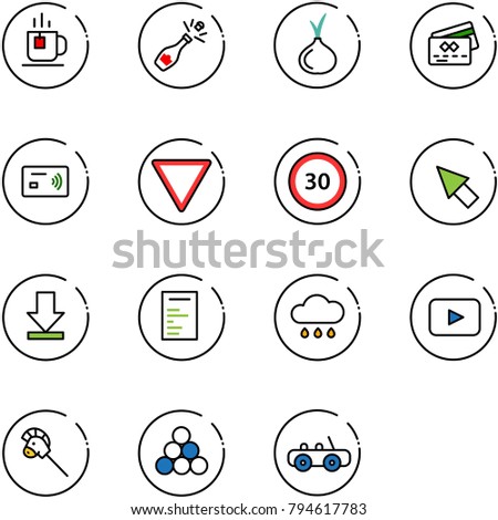 line vector icon set - tea vector, champagne, onion, credit card, tap pay, giving way road sign, speed limit 30, cursor, download, document, rain cloud, playback, horse stick toy, billiards balls