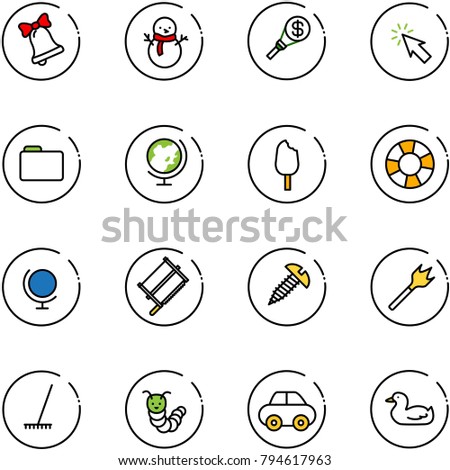 line vector icon set - bell vector, snowman, money torch, cursor, folder, globe, ice cream, lifebuoy, bucksaw, screw, wood drill, rake, toy caterpillar, car, duck