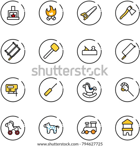 line vector icon set - fireplace vector, fire, saw, axe, bucksaw, rubber hammer, jointer, metal hacksaw, jig, awl, rocking horse, stick toy, wheel, train, block house