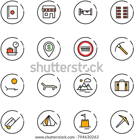 line vector icon set - passport vector, duty free, hotel, plane seats, baggage scales, dollar pin, customs road sign, rock axe, lounger, mountains, suitcase, tent, sand castle