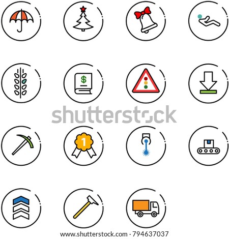 line vector icon set - insurance vector, christmas tree, bell, abdominal muscles, spica, annual report, traffic light road sign, download, job, gold medal, laser, conveyor, chevron, mason hammer