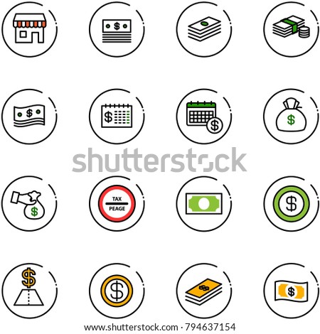 line vector icon set - duty free vector, dollar, cash, finance calendar, money bag, encashment, tax peage road sign
