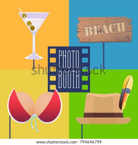 Photo booth printable props on sticks collection for tropical party vector illustration. Funny icons for beach arrow, bikini and other elements for making exotic style photo booth collage 