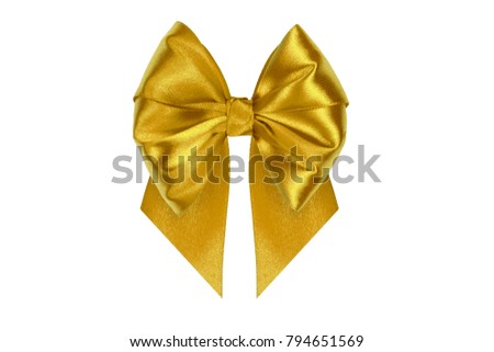 Close up of gold bow, ribbon isolated on white background