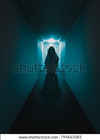 High contrast image of a scary ghost in a creepy hotel corridor