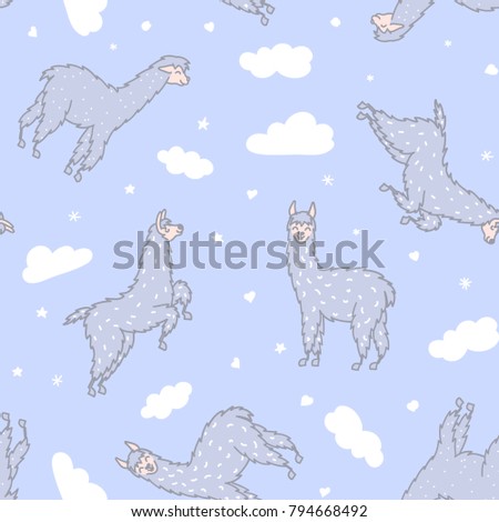 Vector seamless pattern with south America cute lama with decorations. Isolated outline cartoon baby llama. Hand drawn Peru animal guanaco, alpaca, vicuna. Drawing for print, fabric.