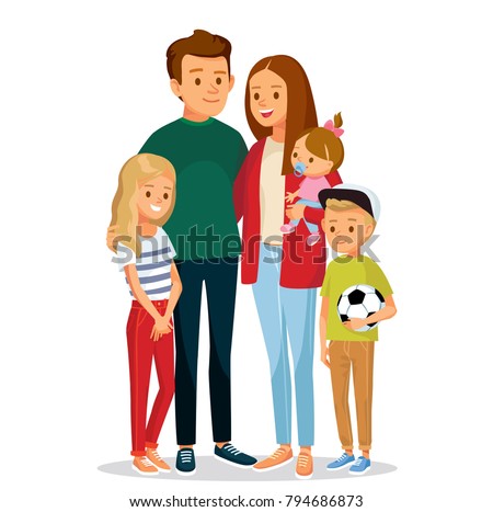 Young family portrait of 5 five members parents with 3 three  kids children standing up straight together. Father with boy son child on hands, Mather with girl daughter child on hands.