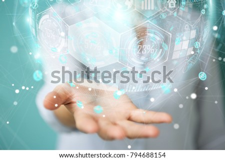Businesswoman on blurred background using holograms datas digital sphere 3D rendering
