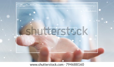 Businessman on blurred background holding and touching a website page sketch