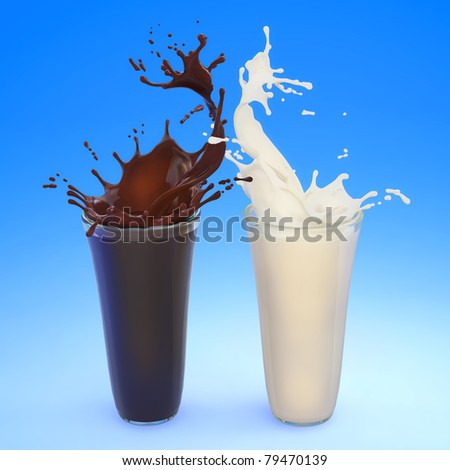splashes of white fat milk and brown chocolate in transparent glasses on blue background