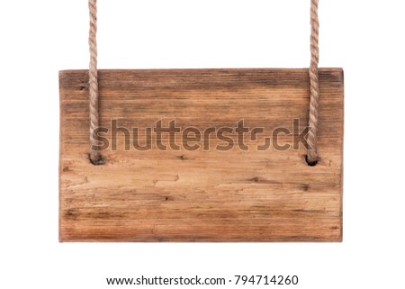 Classic sign, pointer made of blackboard, isolated on white background. Hanging on two ropes