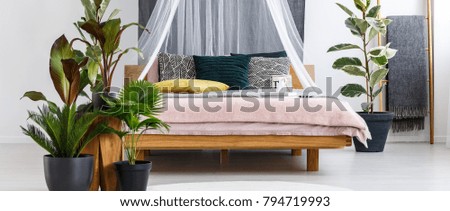 Close-up of plants next to wooden canopy bed with yellow and green pillow in floral bedroom interior