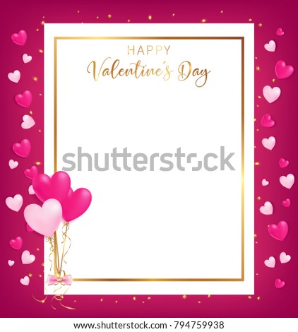 white space board with gold border and happy valentine's day text ,golden heart glitter drop beside board ,balloons tie to gift box,  artwork usage in advertising decorative or cerebrate invitation.
